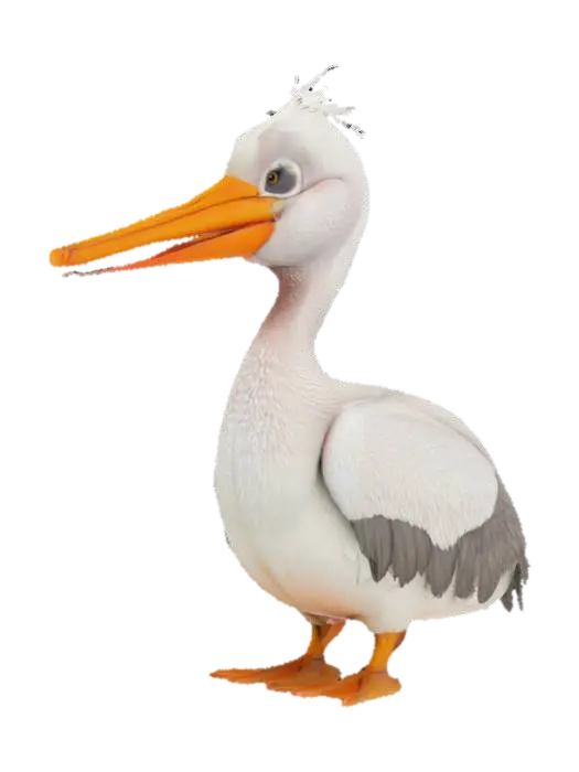 a curious realistic pelican stnding and looking cute, realistic, good symethry, 4k… 3D model, vytvořený pomocí AI