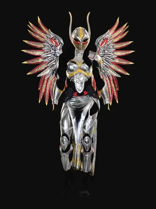 3D model for a beautifull female cyberpunk warior, curvy, with very long black hair wearing technologicaly advanced silver, red and yellow neon style armour, futuristic helmet and futuristic venice carnival style mask made out of metal, with angel like wings made out of titanium and pure energy, wide hips, cyberpunk style, futuristic, good mesh, high quality, full body