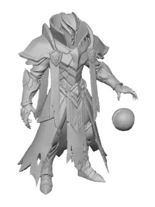 3D model for A commanding Voidkin armored figure of the  stands in a fractured, otherworldly interior. His armor is ceremonial and angular, composed of overlapping plates engraved with arcane sigils and insignia of rank, worn smooth by time rather than battle damage. Long, Umbral tattered cloth hangs from his waist and shoulders, swaying slightly despite the still air. His posture is disciplined and controlled, radiating authority and restraint. One hand out stretched emiting energy gathers beneath the gauntlet. His face is partially hidden by a high collar and shadow, revealing sharp, watchful eyes filled with calculation and quiet resolve. The environment around him feels tense and distorted, as if responding to his presence.