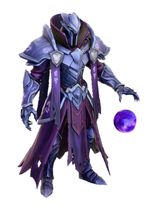 3D model for A commanding Voidkin armored figure of the  stands in a fractured, otherworldly interior. His armor is ceremonial and angular, composed of overlapping plates engraved with arcane sigils and insignia of rank, worn smooth by time rather than battle damage. Long, Umbral tattered cloth hangs from his waist and shoulders, swaying slightly despite the still air. His posture is disciplined and controlled, radiating authority and restraint. One hand out stretched emiting energy gathers beneath the gauntlet. His face is partially hidden by a high collar and shadow, revealing sharp, watchful eyes filled with calculation and quiet resolve. The environment around him feels tense and distorted, as if responding to his presence.
