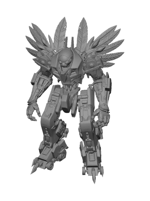 3D model for 我想生成一个带有翅膀的环太平洋中的机甲战士，你可以参考尤里卡突袭着，给他增加一个超酷翅膀