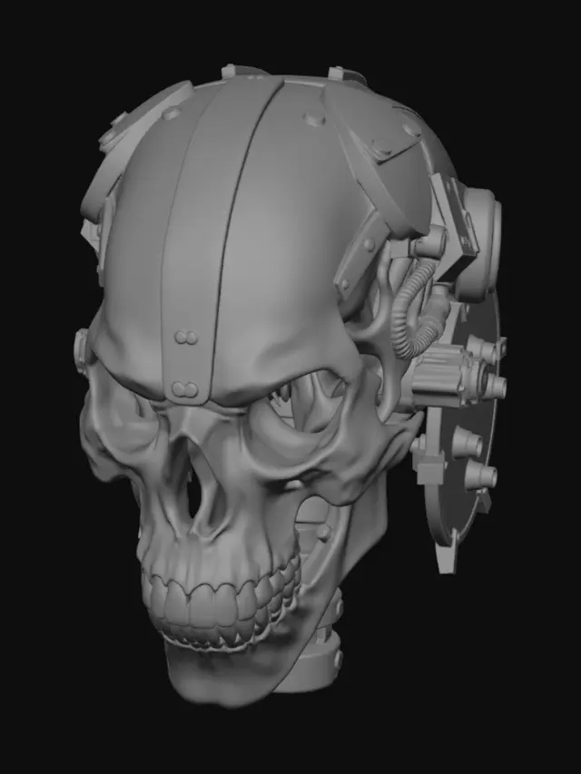 3D model for Masterpiece, ultra detailed post-apocalyptic skull trophy, realistic human skull fused with mechanical armor, Mad Max wasteland style.
Front-facing skull with aggressive proportions, detailed teeth and jaw structure.
Left side:
heavy steel armor plate bolted to skull with large rivets, welded seams, battle
Right side:
exposed mechanical components, gears, hydraulic tubes, steel framework integrated into bone.
Forehead:
large worn metal plate with
sculpt suitable for resin printing:
- w mesh
- manifold geometry
- no floating parts
- no thin unsupported elements
- minimum wall thickness 1.2 mm
- STL ready
- ZBrush quality
- 8K sculpt detail
- centered object
- symmetrical overall silhouette
- flat cut on bottom for display stand
Studio lighting, neutral background, collectible biker club