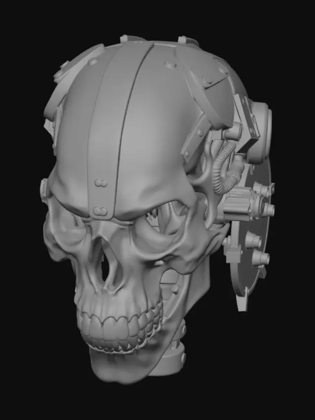 3D model for Masterpiece, ultra detailed post-apocalyptic skull trophy, realistic human skull fused with mechanical armor, Mad Max wasteland style.
Front-facing skull with aggressive proportions, detailed teeth and jaw structure.
Left side:
heavy steel armor plate bolted to skull with large rivets, welded seams, battle
Right side:
exposed mechanical components, gears, hydraulic tubes, steel framework integrated into bone.
Forehead:
large worn metal plate with
sculpt suitable for resin printing:
- w mesh
- manifold geometry
- no floating parts
- no thin unsupported elements
- minimum wall thickness 1.2 mm
- STL ready
- ZBrush quality
- 8K sculpt detail
- centered object
- symmetrical overall silhouette
- flat cut on bottom for display stand
Studio lighting, neutral background, collectible biker club