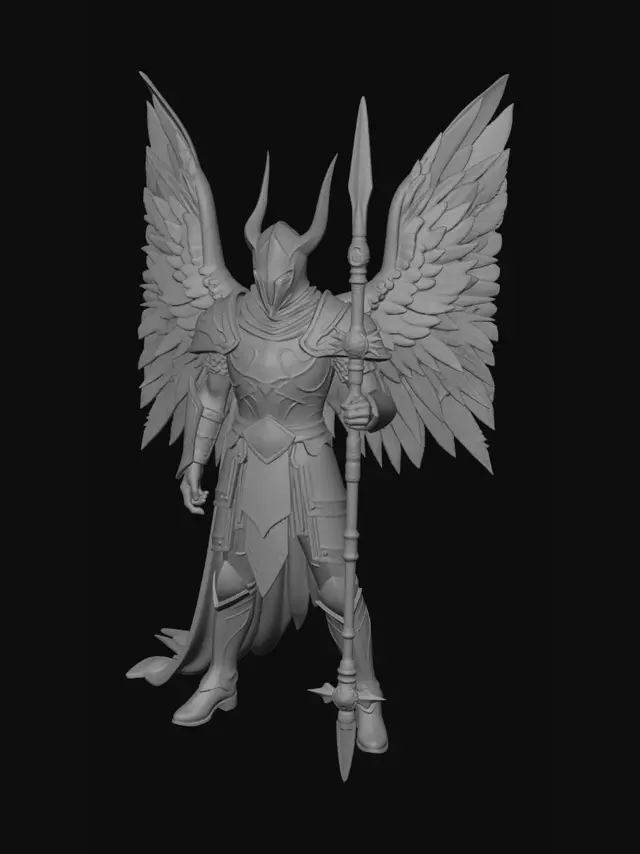 3D model for Персонаж:

Величественная воительница запечатлена в момент триумфального приземления. Её атлетичная фигура излучает силу и грацию. Лицо выражает непоколебимую решимость: острые скулы, пронзительный взгляд и развевающиеся на ветру пряди волос.

Снаряжение:

- Доспехи: Сложный ламеллярный доспех, сочетающий полированное золото и темную сталь. Поверхность покрыта тонкой гравировкой в виде мифических рун и переплетений крыльев.
- Крылья: Огромные, живые крылья, прорезающие пространство. Каждое перо детализировано, создавая ощущение невероятной легкости и мощи.
- Оружие: Длинное копейное древко с навершием в форме солнца и изящный клинок, висящий на поясе.

Подставка:

Разрушенный фрагмент храмового алтаря, заросший мхом. Из трещин в камне вырываются магические всполохи, создавая иллюзию парен