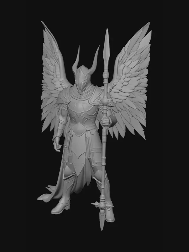 3D model for Персонаж:

Величественная воительница запечатлена в момент триумфального приземления. Её атлетичная фигура излучает силу и грацию. Лицо выражает непоколебимую решимость: острые скулы, пронзительный взгляд и развевающиеся на ветру пряди волос.

Снаряжение:

- Доспехи: Сложный ламеллярный доспех, сочетающий полированное золото и темную сталь. Поверхность покрыта тонкой гравировкой в виде мифических рун и переплетений крыльев.
- Крылья: Огромные, живые крылья, прорезающие пространство. Каждое перо детализировано, создавая ощущение невероятной легкости и мощи.
- Оружие: Длинное копейное древко с навершием в форме солнца и изящный клинок, висящий на поясе.

Подставка:

Разрушенный фрагмент храмового алтаря, заросший мхом. Из трещин в камне вырываются магические всполохи, создавая иллюзию парен