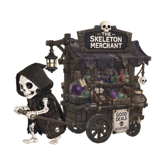 The Skeleton Merchant 3D model, vytvořený pomocí AI