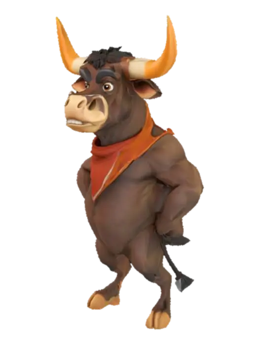 a muscular cartoon-inspired longhorn bull - Texas 3D model, vytvořený pomocí AI