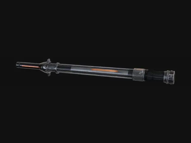 3D model for A rugged, industrial sci-fi beam sword, with a utilitarian hilt constructed from reinforced, dark grey alloy panels, bolted together with visible fasteners. Exposed wiring and small cooling vents line its structure. The grip is a coarse, textured polymer. The broad, pulsating orange energy blade flickers slightly, its plasma containment field subtly visible as a faint, rippling aura, giving it a volatile and powerful appearance.