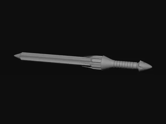 3D model for An organic, alien sci-fi beam sword, where the hilt appears to be grown from a crystalline, iridescent material that shifts from deep purple to emerald green, featuring smooth, flowing contours. The grip is a fibrous, slightly translucent biomass with a subtle, living pulse. The blade itself is a contained beam of shimmering, ethereal green light, seemingly composed of countless microscopic motes of energy, giving it a soft, diffuse glow and an almost otherworldly, fluid texture.