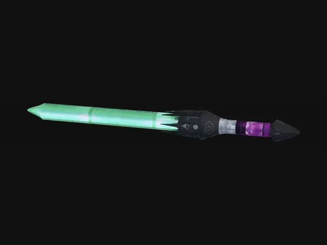 3D model for An organic, alien sci-fi beam sword, where the hilt appears to be grown from a crystalline, iridescent material that shifts from deep purple to emerald green, featuring smooth, flowing contours. The grip is a fibrous, slightly translucent biomass with a subtle, living pulse. The blade itself is a contained beam of shimmering, ethereal green light, seemingly composed of countless microscopic motes of energy, giving it a soft, diffuse glow and an almost otherworldly, fluid texture.