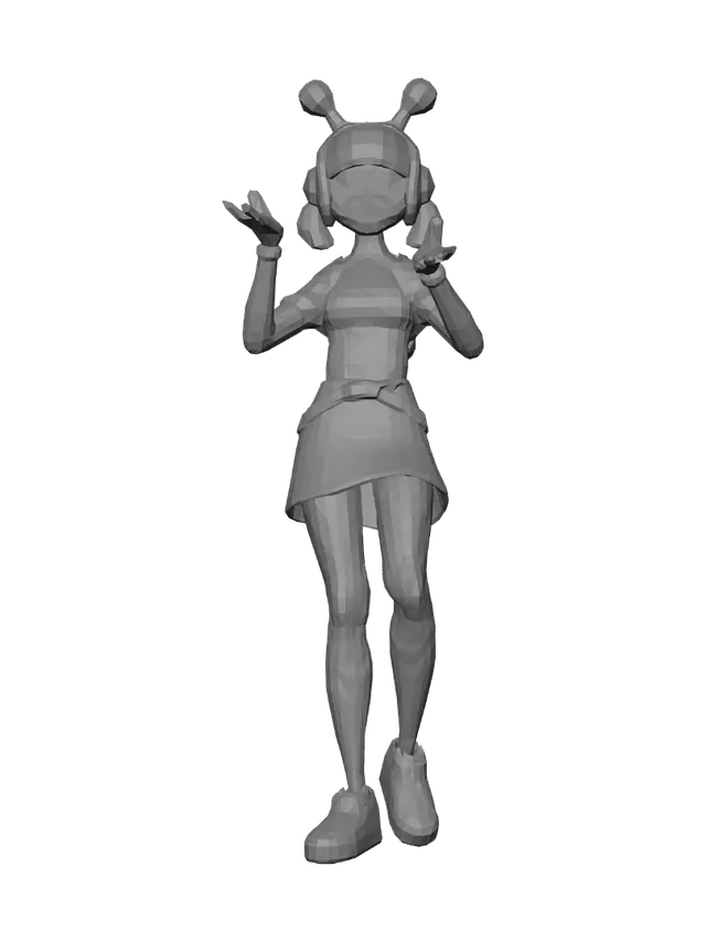3D model for Female game character inspired by late-90s / early-2000s console graphics (Dreamcast + PS1 era), low-poly model (300–800 polygons), angular facial features, large expressive eyes, stylized proportions, long dark hair with chunky polygon strands, confident smile, cyber-club fashion aesthetic, fitted jacket, short skirt with belts and metallic accessories, knee-high boots, low-resolution textures (128x128), visible texture warping, vertex jitter, primitive lighting, slightly blurry texture filtering, retro CGI feel, Sega Dreamcast and PlayStation 1 aesthetic, character selection screen pose, dark neon background, authentic 1999 game render