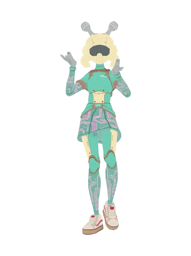 3D model for Female game character inspired by late-90s / early-2000s console graphics (Dreamcast + PS1 era), low-poly model (300–800 polygons), angular facial features, large expressive eyes, stylized proportions, long dark hair with chunky polygon strands, confident smile, cyber-club fashion aesthetic, fitted jacket, short skirt with belts and metallic accessories, knee-high boots, low-resolution textures (128x128), visible texture warping, vertex jitter, primitive lighting, slightly blurry texture filtering, retro CGI feel, Sega Dreamcast and PlayStation 1 aesthetic, character selection screen pose, dark neon background, authentic 1999 game render