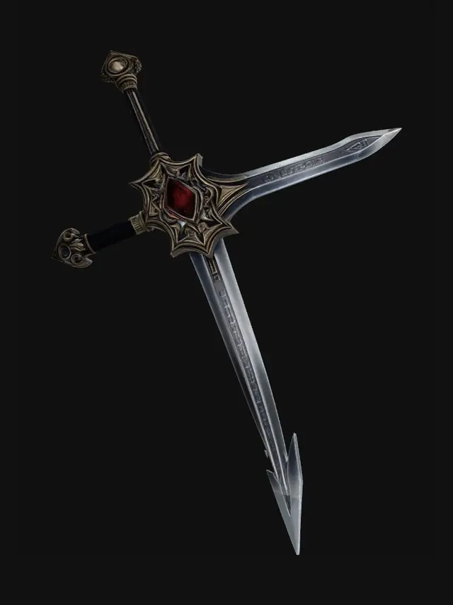 3D model for a sowrd with a glowing red jewel embedded in the guard and runes on the blade