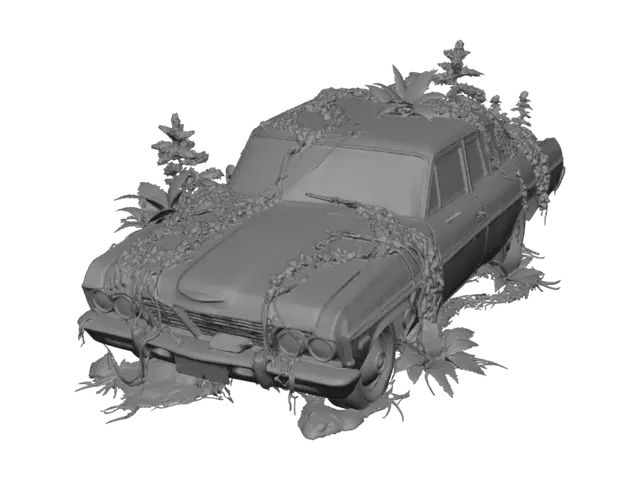 3D model for post apocalypse car ruin with vegetation