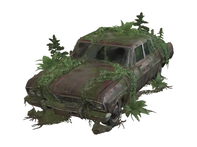 3D model for post apocalypse car ruin with vegetation