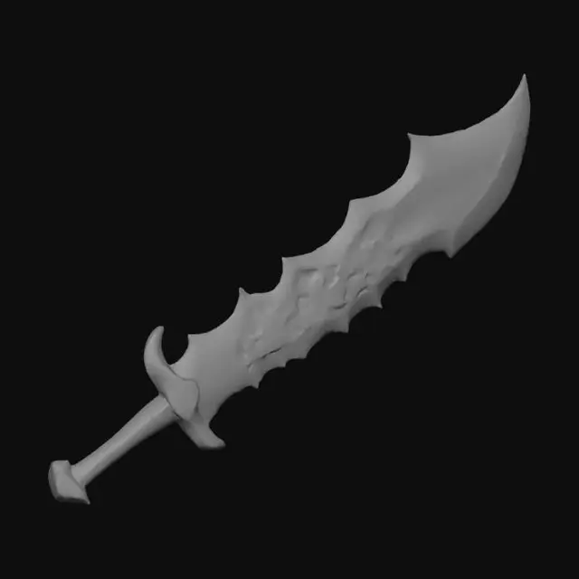 3D model for Massive stylized fantasy greatsword, thick black obsidian blade with glowing red lava veins, jagged sharp dragon tooth edges, hilt made of heavy iron and ancient carvings, glowing red fire runes on blade center, magma dripping effect, professional 3D game weapon asset, high quality clean topology, intimidating boss sword