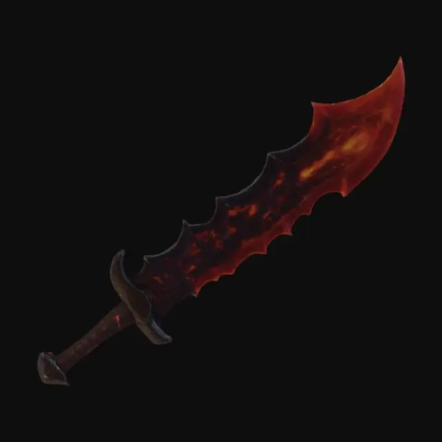 3D model for Massive stylized fantasy greatsword, thick black obsidian blade with glowing red lava veins, jagged sharp dragon tooth edges, hilt made of heavy iron and ancient carvings, glowing red fire runes on blade center, magma dripping effect, professional 3D game weapon asset, high quality clean topology, intimidating boss sword