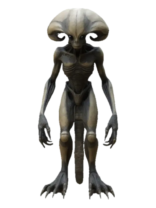 A towering alien humanoid with smooth, stone-like skin etched with intricate,… - Clawed 3D model, vytvořený pomocí AI