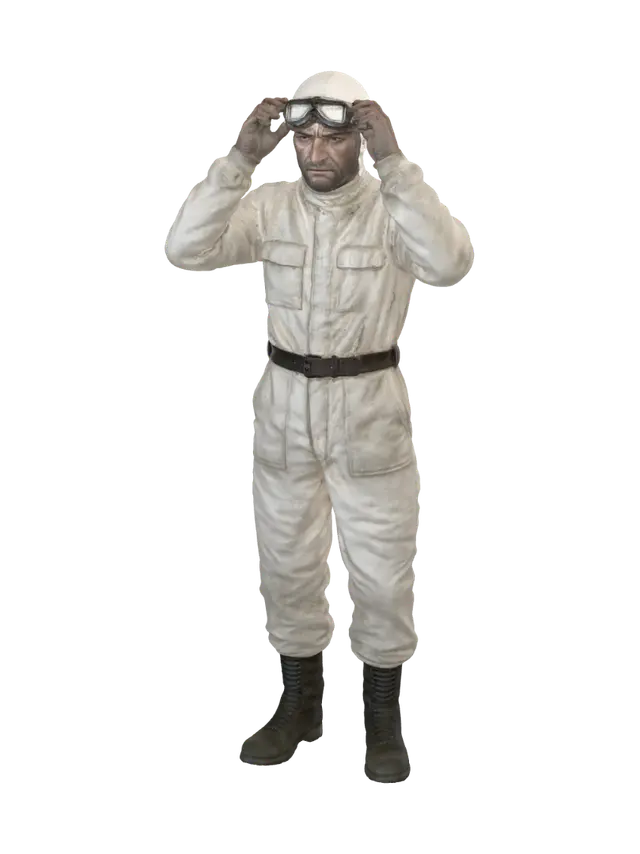 Hyper realistic image of a full body male character dressed as a 1936s race car… - Aviator 3D model, vytvořený pomocí AI