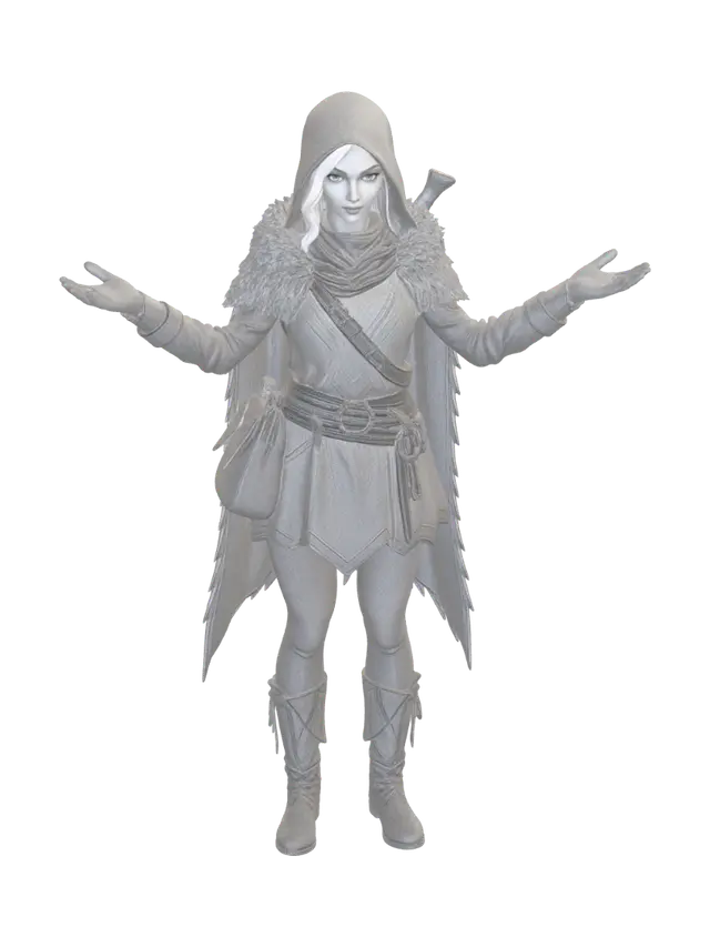 Stylized low-poly fantasy forester NPC, full body, standing pose. Sturdy… 3D model, vytvořený pomocí AI