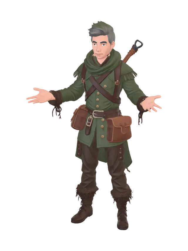 Stylized low-poly fantasy forester NPC, full body, standing pose. Sturdy… 3D model, vytvořený pomocí AI