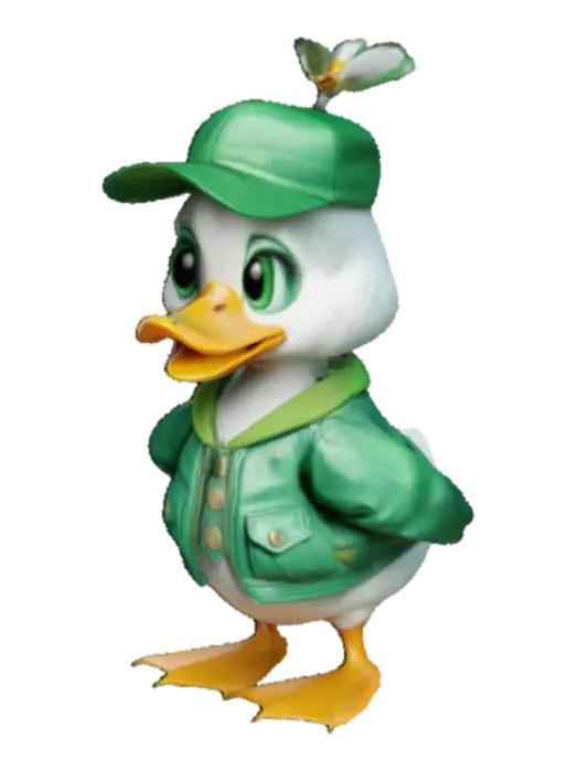 A cute 3D cartoon humanoid duck wearing a green hat and green jacket - Greenjacket-3D-modell, genererad av AI