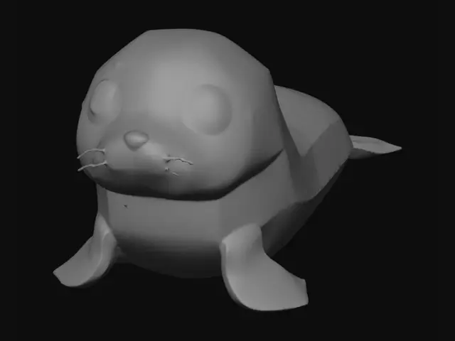 3D model for Adorable minimalist seal, cute baby seal with large round eyes, smooth simple shapes, no detailed textures, clean white and light gray gradient, soft rounded body, tiny flippers, cute small nose, minimalistic 3D character, low poly style, clean geometry, soft lighting, white background, character design, cute animal, kawaii style