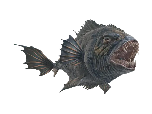 A large, menacing fish head viewed straight from the front, mouth wide open… - Dramaticlighting-3D-modell, genererad av AI