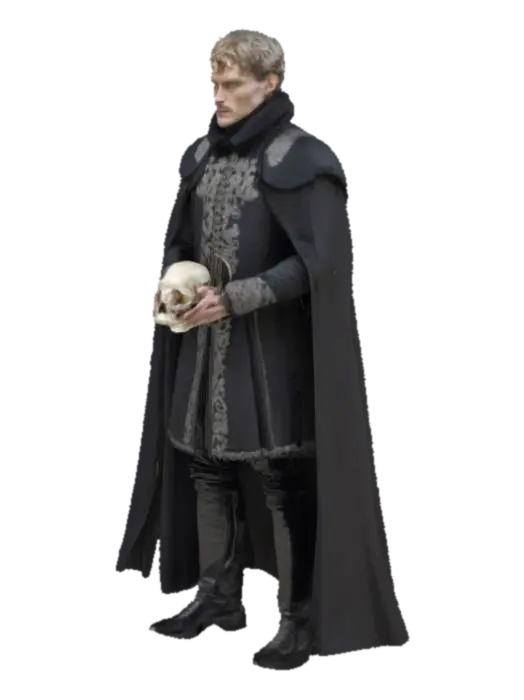 AMLETO (Hamlet) Prompt: A Danish prince in a dark, theatrical outfit – black… 3D model, vytvořený pomocí AI