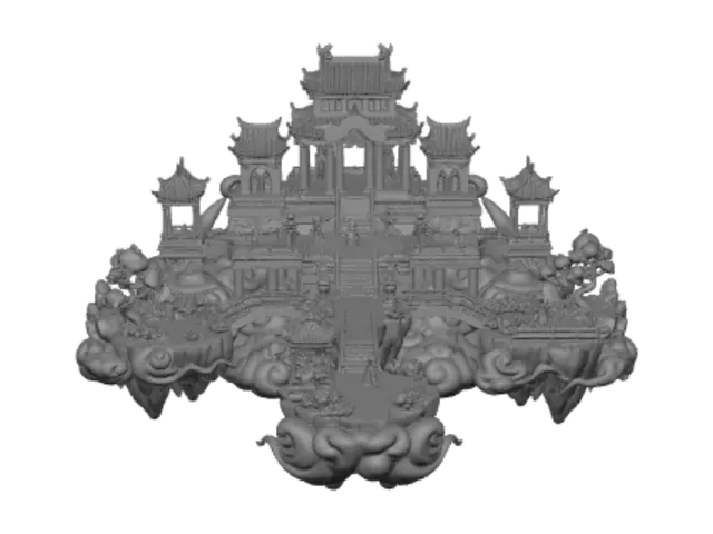 3D model for masterpiece, best quality, game environment concept art, Chinese celestial palace,
magnificent heavenly palace on clouds, golden pillars and jade rooftops,
celestial gardens with immortal peach trees, rainbow bridges,
golden divine light, floating islands, auspicious clouds,
gods and immortals walking, serene majestic atmosphere,
isometric MMORPG scene view, fantasy westward journey style, highly detailed, 4k