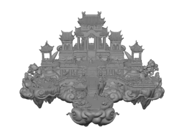3D model for masterpiece, best quality, game environment concept art, Chinese celestial palace,
magnificent heavenly palace on clouds, golden pillars and jade rooftops,
celestial gardens with immortal peach trees, rainbow bridges,
golden divine light, floating islands, auspicious clouds,
gods and immortals walking, serene majestic atmosphere,
isometric MMORPG scene view, fantasy westward journey style, highly detailed, 4k