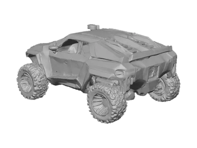 3D model for A futuristic, angular off-road vehicle with a low-slung, boxy matte aluminum body composed of sharp, faceted panels. Its matte black, grey, and white surfaces are angular, contrasting with the dark, red tinted windows. The vehicle features substantial, multi-layered wheels with intricate, chunky, geometric spokes that appear robust and deeply textured, suggesting a durable, industrial-grade material like composite or heavy-duty metal and align with its substantial, chunky, off-road tread. Its overall structure is wide and grounded, conveying a sense of stability and raw power. This vehicle looks like it could be equally at home in a dakar, the moon, or Arrakis 