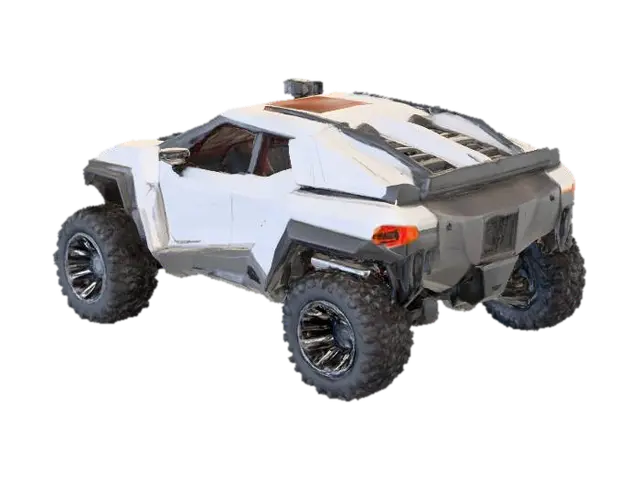 3D model for A futuristic, angular off-road vehicle with a low-slung, boxy matte aluminum body composed of sharp, faceted panels. Its matte black, grey, and white surfaces are angular, contrasting with the dark, red tinted windows. The vehicle features substantial, multi-layered wheels with intricate, chunky, geometric spokes that appear robust and deeply textured, suggesting a durable, industrial-grade material like composite or heavy-duty metal and align with its substantial, chunky, off-road tread. Its overall structure is wide and grounded, conveying a sense of stability and raw power. This vehicle looks like it could be equally at home in a dakar, the moon, or Arrakis 