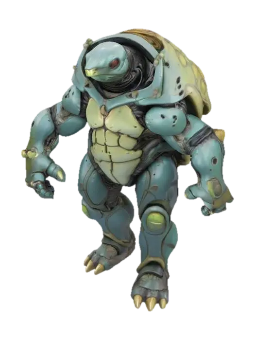 3D model for Biopunk organic armored full body humanoid turtle character concept with painterly realistic shading, matte and gloss highlights on joints. Organic, Samus Metroid, Giger alien style holes and ribbed details, doom, 40k, Alien