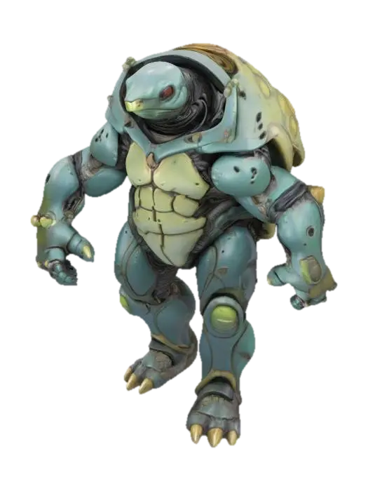 3D model for Biopunk organic armored full body humanoid turtle character concept with painterly realistic shading, matte and gloss highlights on joints. Organic, Samus Metroid, Giger alien style holes and ribbed details, doom, 40k, Alien