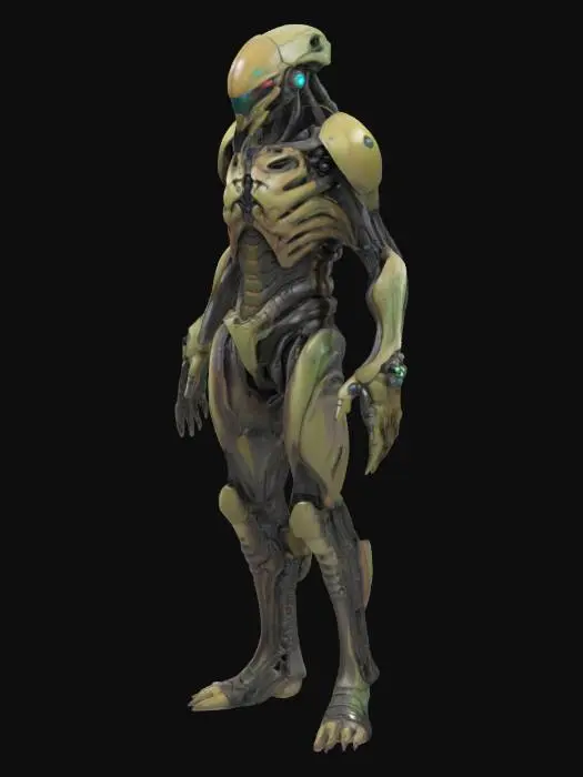 3D model for Biopunk organic armored full body humanoid character concept with painterly realistic shading, matte and gloss highlights on joints. Organic, Samus Metroid, Giger alien style holes and ribbed details, doom, 40k, Alien
