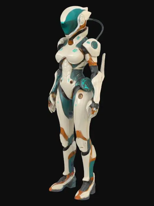 3D model for Biopunk organic armored full body female humanoid character concept with painterly realistic shading, gloss highlights on armor panels, matte finish on joints. Cream-colored armor with burnt orange highlights and dark turquoise areas. Glossy reflective teal visor, Organic, Samus Metroid, Giger alien style holes and ribbed, jointed details
