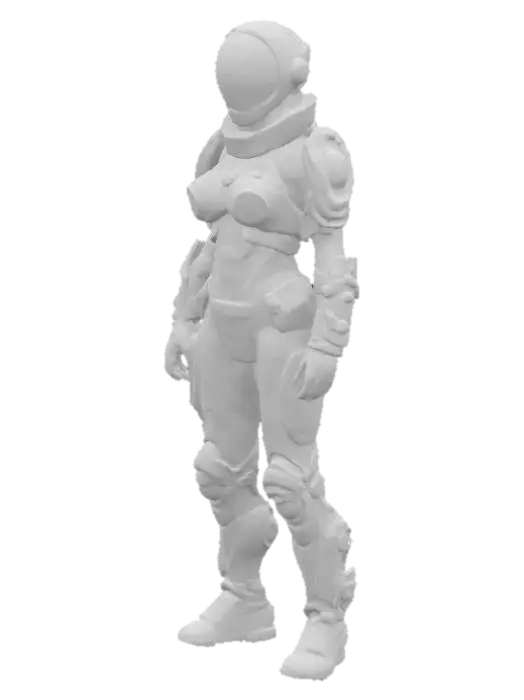 3D model for Biopunk organic armored full body female humanoid character concept with painterly realistic shading, gloss highlights on armor panels, matte finish on joints. Cream-colored armor with burnt orange highlights and dark turquoise areas. Glossy reflective teal visor, Organic, Samus Metroid, Giger alien style holes and ribbed, jointed details
