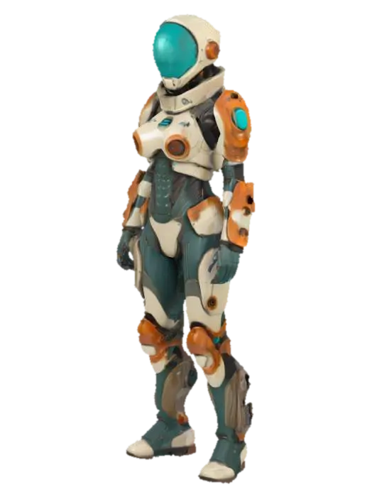3D model for Biopunk organic armored full body female humanoid character concept with painterly realistic shading, gloss highlights on armor panels, matte finish on joints. Cream-colored armor with burnt orange highlights and dark turquoise areas. Glossy reflective teal visor, Organic, Samus Metroid, Giger alien style holes and ribbed, jointed details

