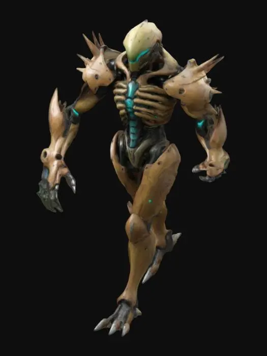 3D model for Biopunk organic armored full body skeletal humanoid character concept with painterly realistic shading, matte and gloss highlights on joints. Organic spikes, Samus Metroid, Inspired by the titans from attack on titan. Gieger alien style holes and ribbed details
