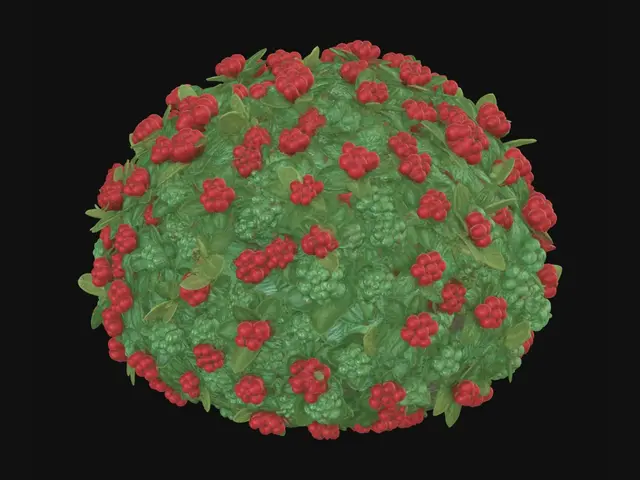 3D model for A dense, round wild berry bush with vibrant green leaves and tiny scattered red berries. Stylized video game prop, organic hand-painted style texture, self-contained mesh, no floating geometry, game-ready asset.
