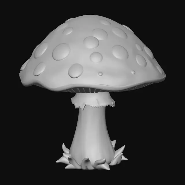 3D model for Stylized fantasy mushroom, single mushroom only, round and slightly domed cap with a short rounded tip, smooth wavy frilly collar around the stem, thick and short stem, glowing white spots on the cap, cartoon style, game-ready asset, clean topology