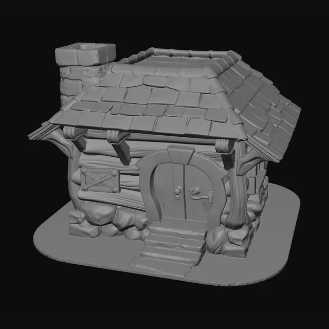 3D model for Subject: A small, rustic Town Hall for a mobile game, heavily inspired by the Level 1 Town Hall from Clash of Clans. A charming, slightly crooked wooden hut with vertical dark brown planks, a steep bright orange-red tiled roof, a tiny stone chimney, and a small arched wooden door with iron hinges. One small glowing window. Simple low grey stone foundation.
Style: 3D isometric view, stylized hand-painted textures, toy-like chunky proportions. Vibrant saturated colors, soft shading, no realism, no wear-and-tear. Clean green grass base with soft drop shadow, neutral cutout background.