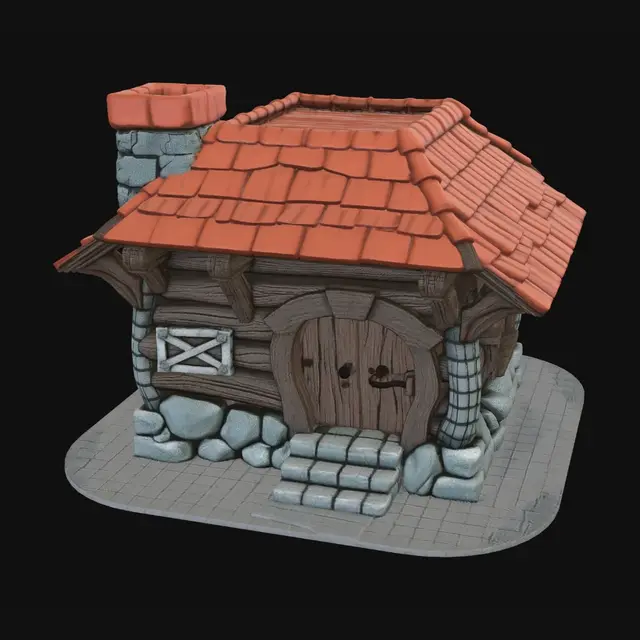 3D model for Subject: A small, rustic Town Hall for a mobile game, heavily inspired by the Level 1 Town Hall from Clash of Clans. A charming, slightly crooked wooden hut with vertical dark brown planks, a steep bright orange-red tiled roof, a tiny stone chimney, and a small arched wooden door with iron hinges. One small glowing window. Simple low grey stone foundation.
Style: 3D isometric view, stylized hand-painted textures, toy-like chunky proportions. Vibrant saturated colors, soft shading, no realism, no wear-and-tear. Clean green grass base with soft drop shadow, neutral cutout background.