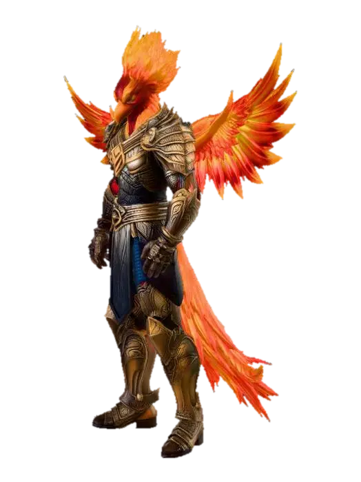 Humanoid phoenix character, full body, realistic human proportions, fiery feather… - Warriors 3D model, vytvořený pomocí AI
