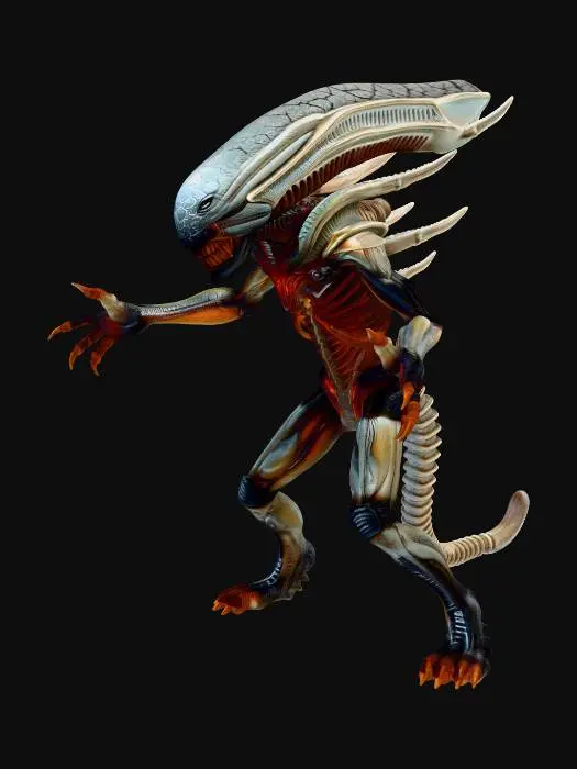 3D model for A never-before-seen apex creature from an unknown world, completely original anatomy, not inspired by any existing species, bizarre but believable evolutionary design, layered translucent tissue, mineral armor plates, glowing internal pulse, multiple sensory structures, unusual limb arrangement, predatory elegance, eerie and majestic appearance, highly detailed realistic creature design, cinematic concept art style, centered, isolated on clean background