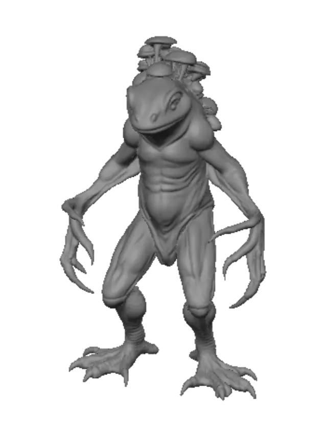 3D model for A highly detailed creepy frightful grim scary monstrous anthropomorphic toad beast, with long arms, with sharp claws, his spine is covered in mushrooms, his head is have an small membraneous growths on the sides of his head, his body is detailed, his legs is massive and have a sharp slightly hooked claws, his skin is have a dark brownish green colour with dark brown stripes on the spine and legs, high quality, high resolution, full hd, photorealistic, 4k.