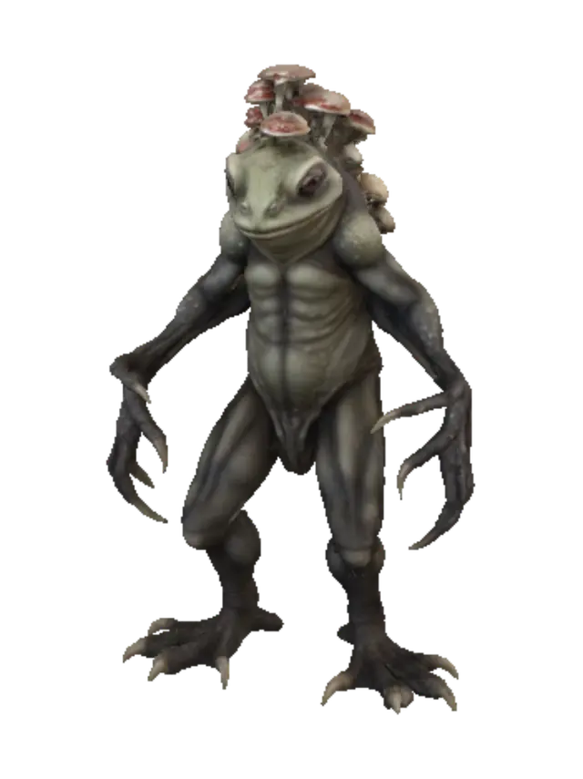 3D model for A highly detailed creepy frightful grim scary monstrous anthropomorphic toad beast, with long arms, with sharp claws, his spine is covered in mushrooms, his head is have an small membraneous growths on the sides of his head, his body is detailed, his legs is massive and have a sharp slightly hooked claws, his skin is have a dark brownish green colour with dark brown stripes on the spine and legs, high quality, high resolution, full hd, photorealistic, 4k.