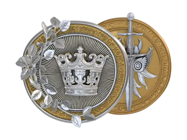 3D model for золотая монета,на монете сверху изображена серебристая корона в средневековом стиле, грани с узорами,монету обвивают лианы,с обратной стороны серебряный меч в средневековом стиле
