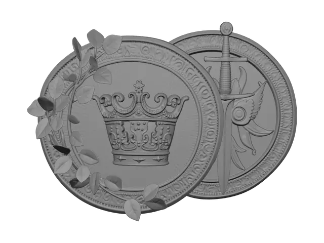 3D model for золотая монета,на монете сверху изображена серебристая корона в средневековом стиле, грани с узорами,монету обвивают лианы,с обратной стороны серебряный меч в средневековом стиле